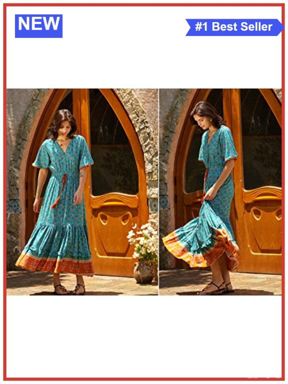 Womens Floral Print Boho Midi Dress V Neck Button Short Sleeve Rayon - Picture 5 of 6